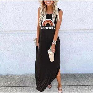 Black Women's Casual Loose Sundress Long Maxi Good Vibes Boho Festival